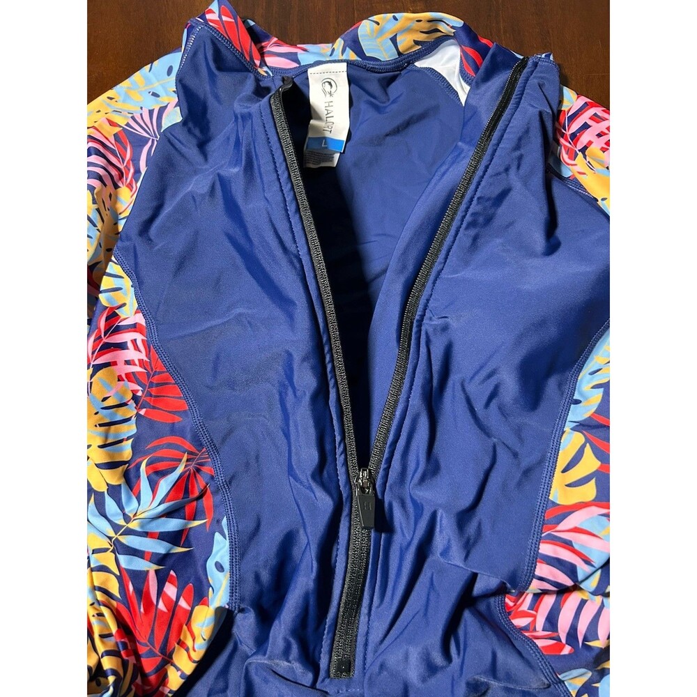 Halcurt Women’s Rash Guard One Piece Swimsuit L Navy Leaves UPF 50+ Built-In Bra - Picture 6 of 14